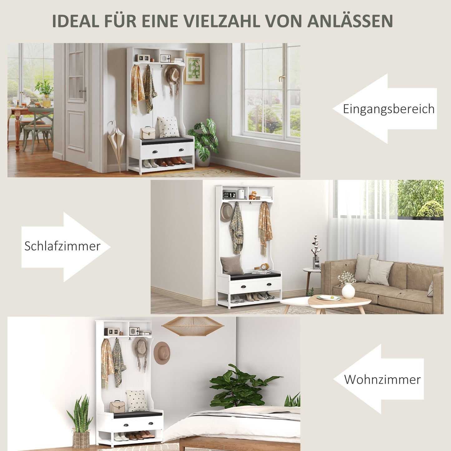 HOMCOM Garderobenständer mit Haken, Garderobe mit Schuhbank, für Eingangsbereich, Flur, Metall, MDF, Weiß+Grau