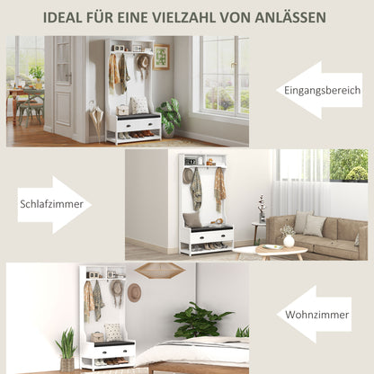 HOMCOM Garderobenständer mit Haken, Garderobe mit Schuhbank, für Eingangsbereich, Flur, Metall, MDF, Weiß+Grau