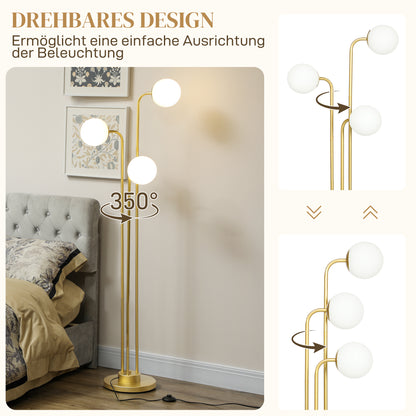 HOMCOM Moderne Stehlampe mit 3 Lampenschirmen, mit Fußschalter, für Wohnzimmer, Schlafzimmer, 3 x E27-Fassung, Goldton