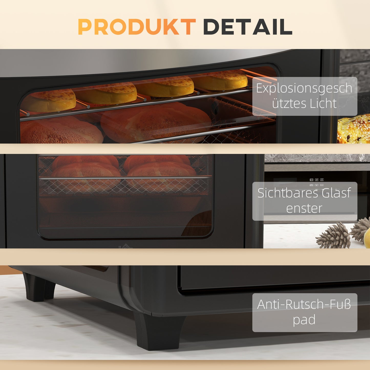 HOMCOM Minibackofen, Heißluftfritteuse, 90-230° C, 7 Programme, Zubehör, Schwarz