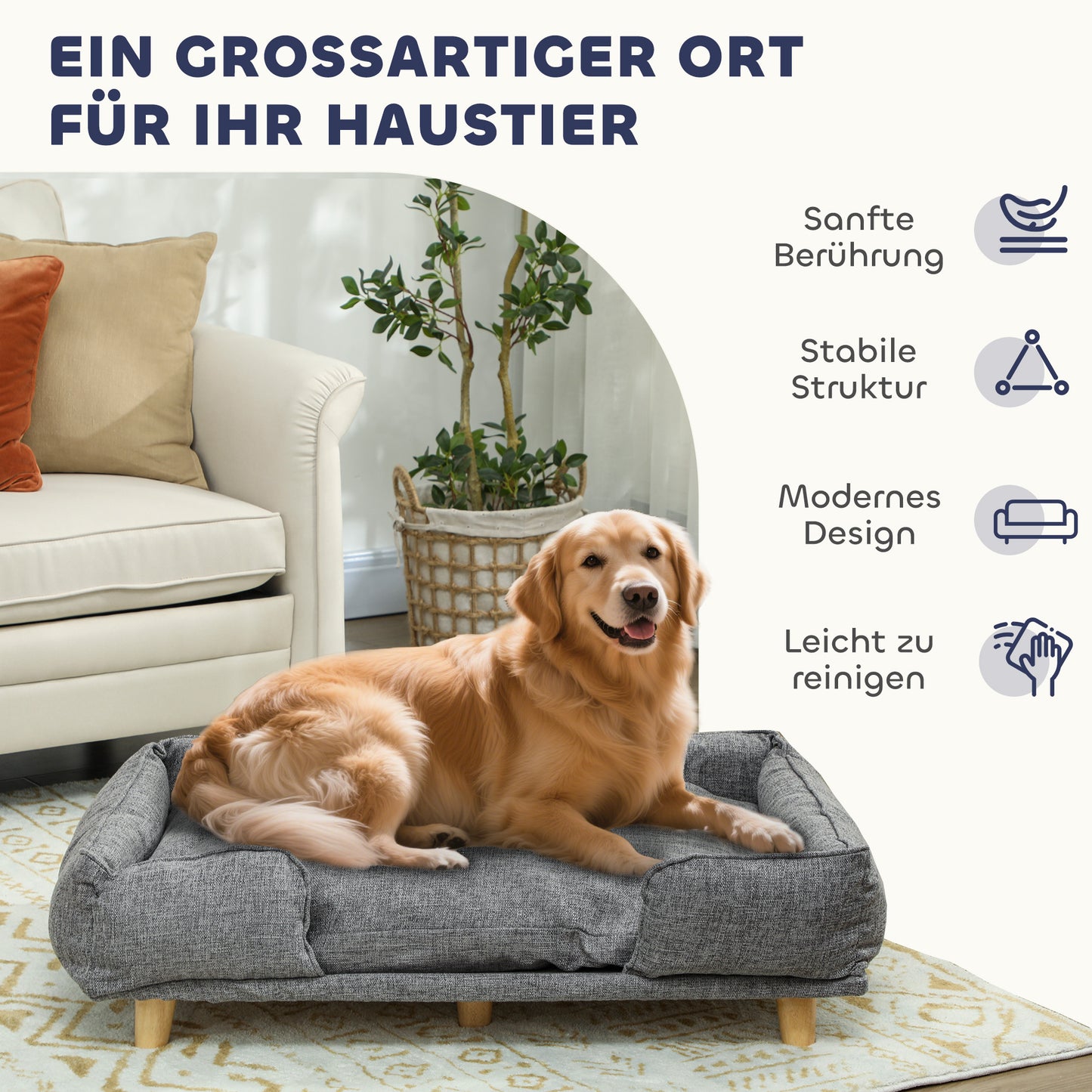 PawHut Hundesofa, Haustiersofa, Haustierbett, abnehmbares u. waschbares Polster, Natur+ Dunkelgrau