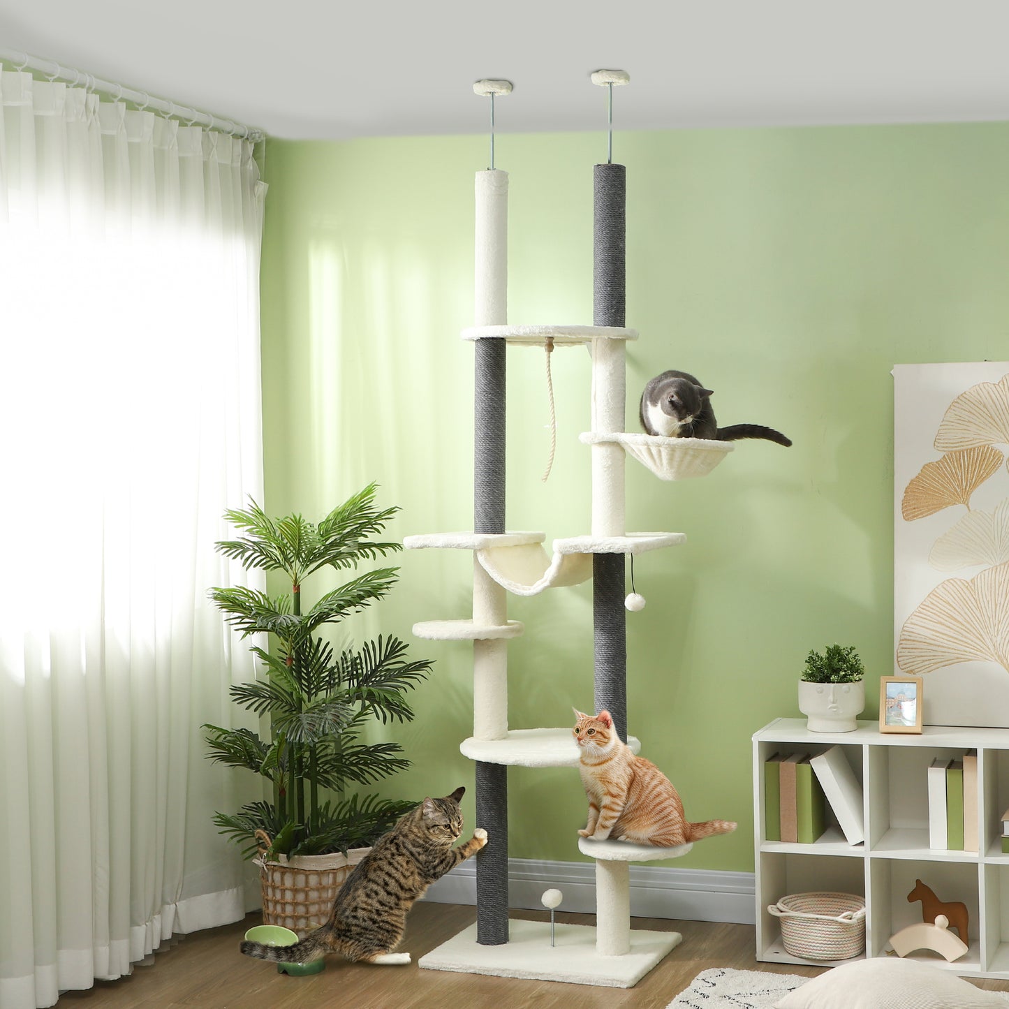 PawHut Kratzbaum, deckenhoch, verstellbar 225-255 cm, Plattformen &amp; Hängematten, Kippschutz, Weiß