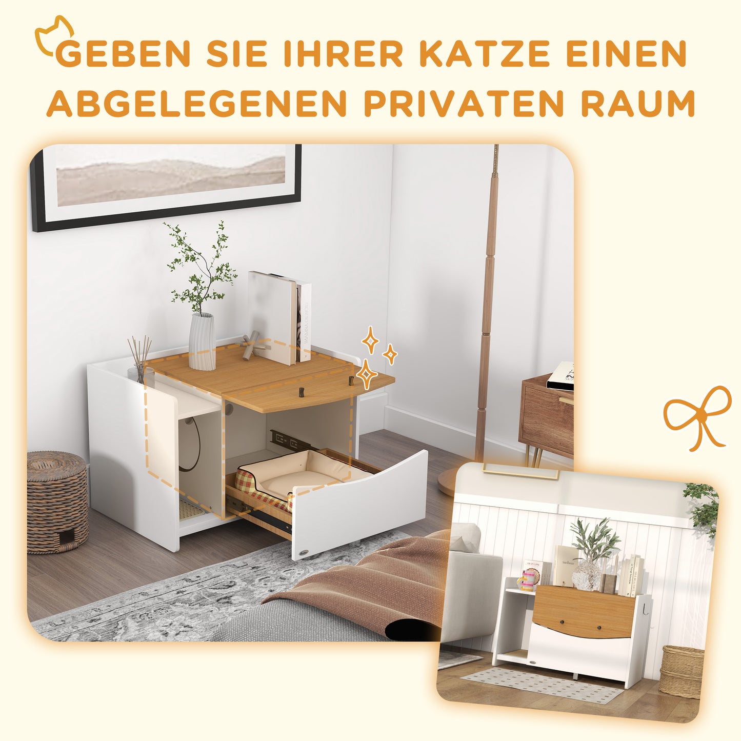 PawHut Katzentoilette, ausziehbar, Schrankdesign, Streufach, 78x50x51cm, Eiche/Weiß