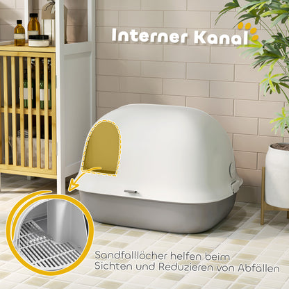 PawHut Katzentoilette mit Deckel, Katzenklo mit internem Kanal, Tür, Schaufel, leicht zu reinigen, Kunststoff, Hellgrau