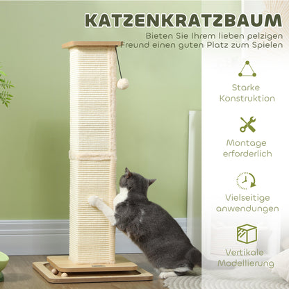 PawHut 3-i-1-Kratzbaum med Spielschiene, Spielball, Sisal, bis 10 kg, 39,5 x 39,5 x 87 cm, Eiche/Creme