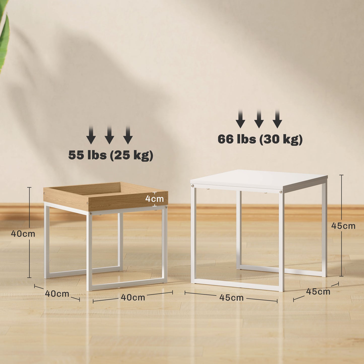 HOMCOM Moderner Couchtisch, 2er-Set Sofatisch, für kleine Räume, Quadratisch, MDF, Metall, Weiß
