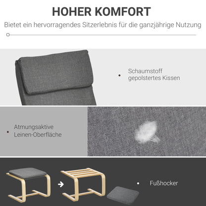 HOMCOM Sessel mit Fußhocker, Sessel-Set, bis 120 kg, Leinenoptik, Massivholz, Grau + Natur, 66,5 x 80 x 99 cm