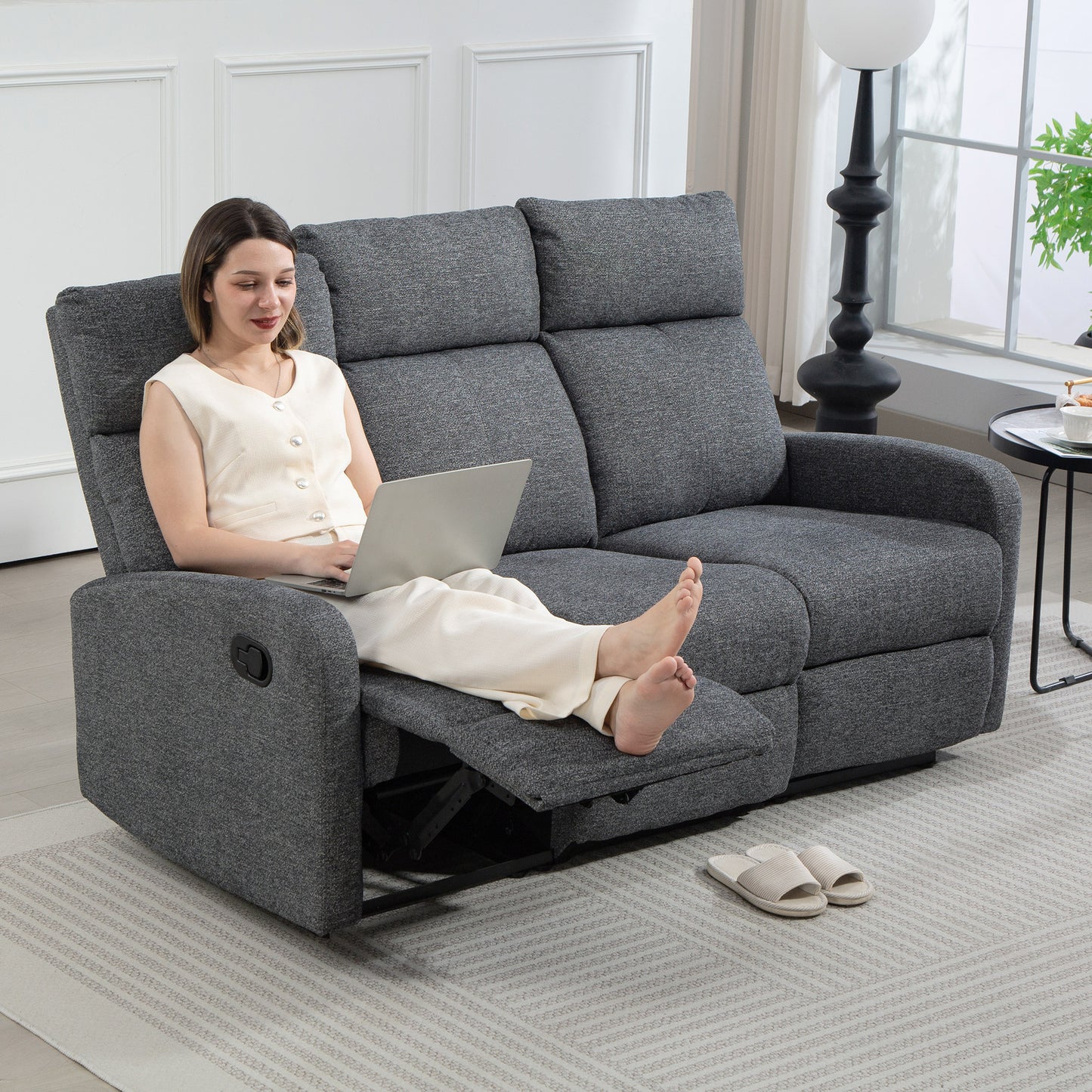 HOMCOM 3-Sitzer-Sofa, individuell verstellbare Rückenlehnen, Fußstütze, Stoffbezug, Metall, Grau