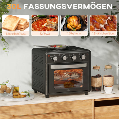 HOMCOM Minibackofen, Heißluftfritteuse, 90-230° C, 7 Programme, Zubehör, Schwarz