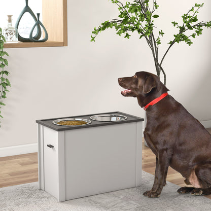 PawHut Futterstation Erhöhte Fressnäpfe 1 Staurum 2 Edelstahl-Futternäpfe, 60 x 30 x 42cm, Weiß + Grau