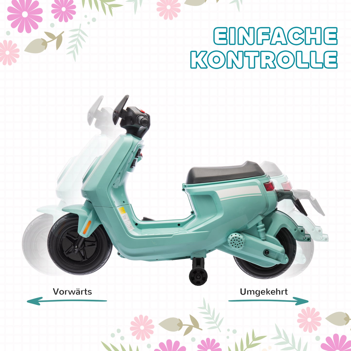 AIYAPLAY 6V Elektro-Motorrad für Kinder, mit Scheinwerfer und Musik, Vor- und Rückwärtsgang, Trainingsräder, 18-36 Monate, Grün