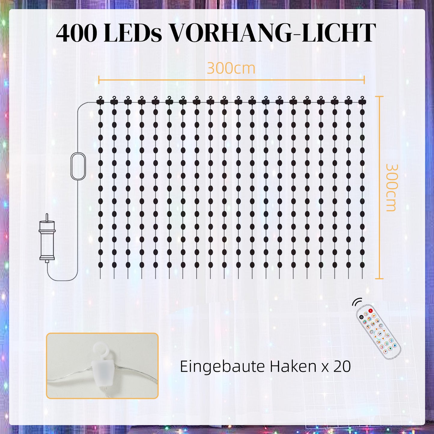 HOMCOM Vorhang mit 400 LED-Lichtern, Dynamische Lichterketten mit Musiksynchronisation für Schlafzimmer, Wohnzimmer, 3 x 3 m