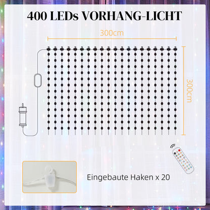 HOMCOM Vorhang mit 400 LED-Lichtern, Dynamische Lichterketten mit Musiksynchronisation für Schlafzimmer, Wohnzimmer, 3 x 3 m