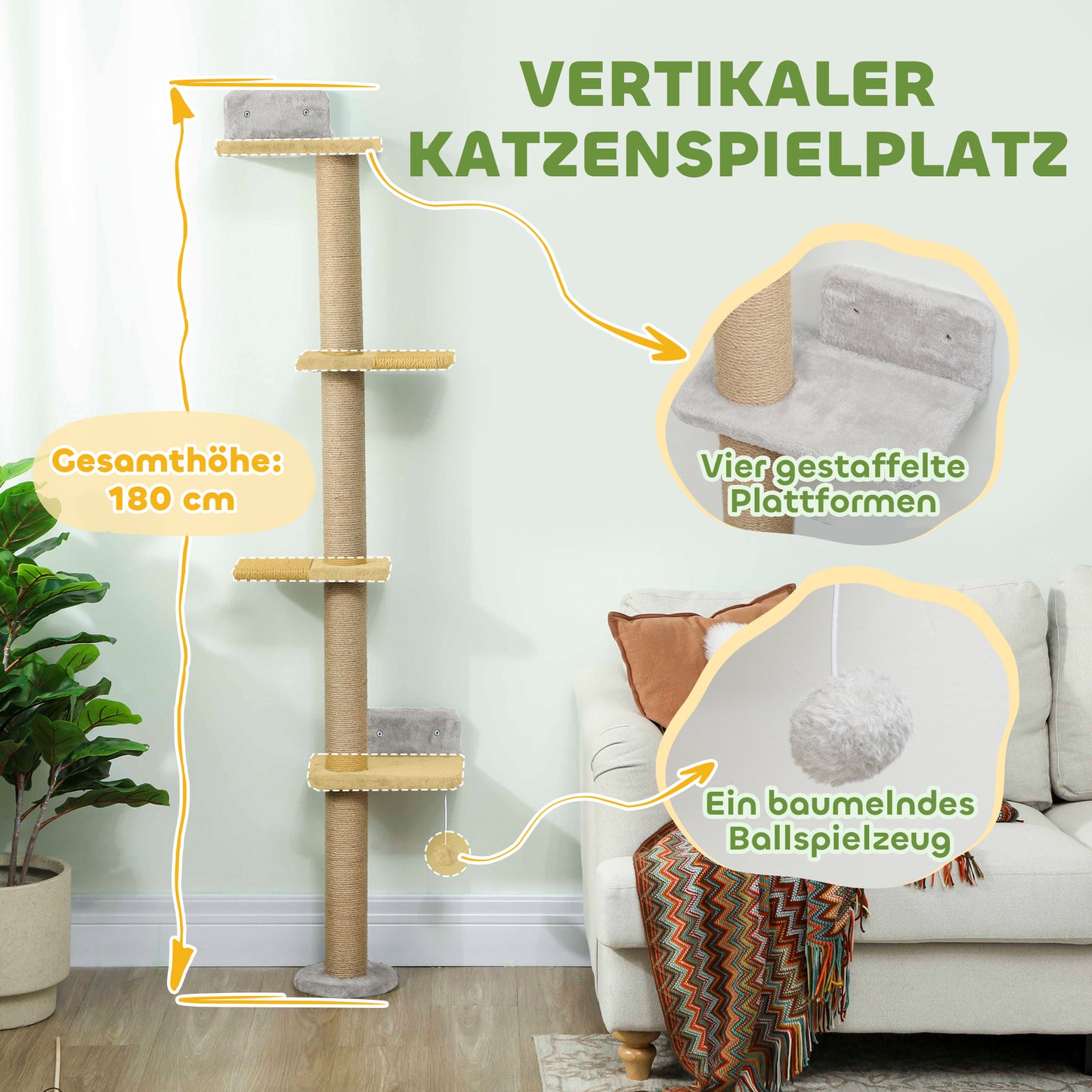 PawHut Katzenkratzbaum, 5-stufiges Design, Spielzeug, Sisalpfosten, Plüschstoff, Hellgrau