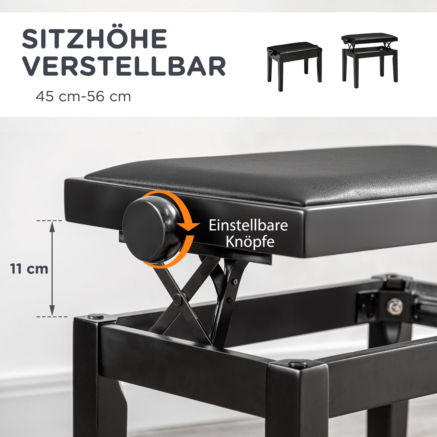 HOMCOM Klavierbank, Pianostuhl, höhenverstellbar, eleganter Hochglanz, Kunstleder+Kautschukholz, schwarz, 63 x 33 x 56cm