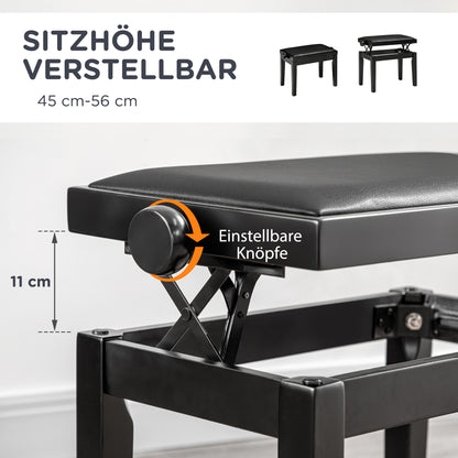 HOMCOM Klavierbank, Pianostuhl, höhenverstellbar, eleganter Hochglanz, Kunstleder+Kautschukholz, schwarz, 63 x 33 x 56cm
