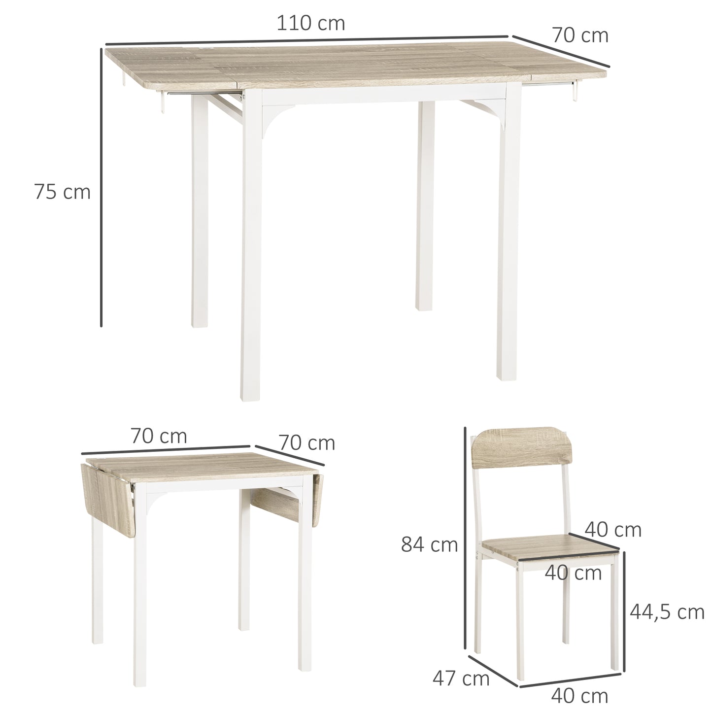 HOMCOM 2-teilige Sitzgruppe, Klappbarer Esstisch mit 2 Stühlen, Klapptisch, 110 cm x 70 cm x 75 cm, Weiß + Natur