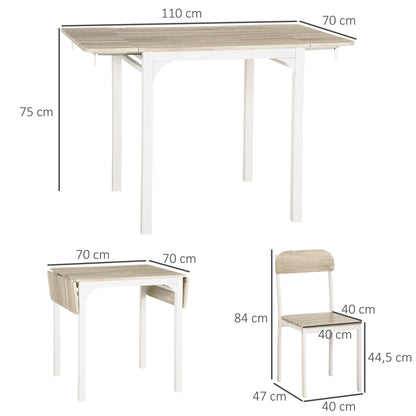HOMCOM 2-teilige Sitzgruppe, Klappbarer Esstisch mit 2 Stühlen, Klapptisch, 110 cm x 70 cm x 75 cm, Weiß + Natur