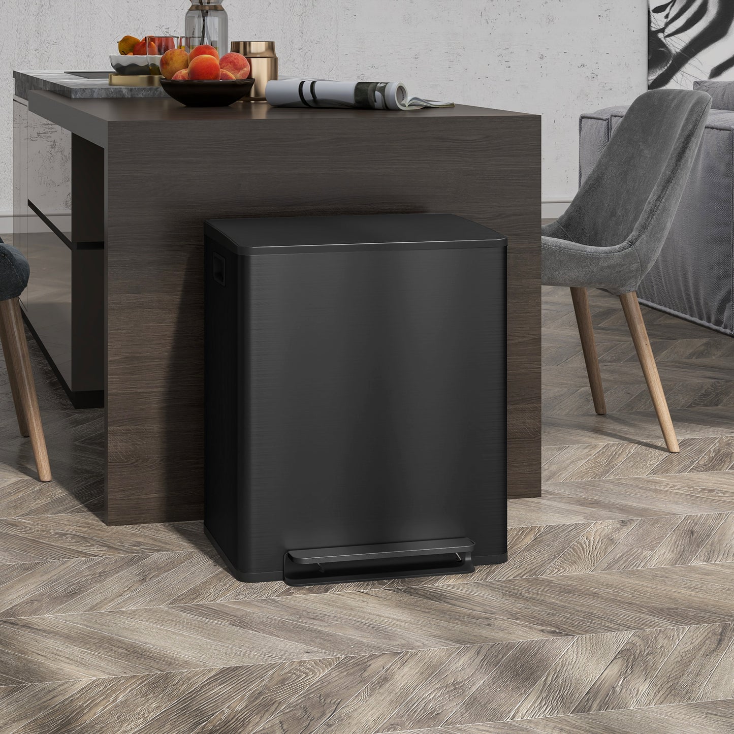 HOMCOM Mülleimer mit 2x25L Fächern, Soft-Close-Deckel, Fingerabdrucksicher, Edelstahl, Schwarz