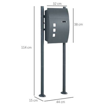 HOMCOM Briefkasten Postkasten, Verriegelung, Standbriefkasten, 2 Schlüssel, Stahl, 44 cm x 15 cm x 114 cm, Grau