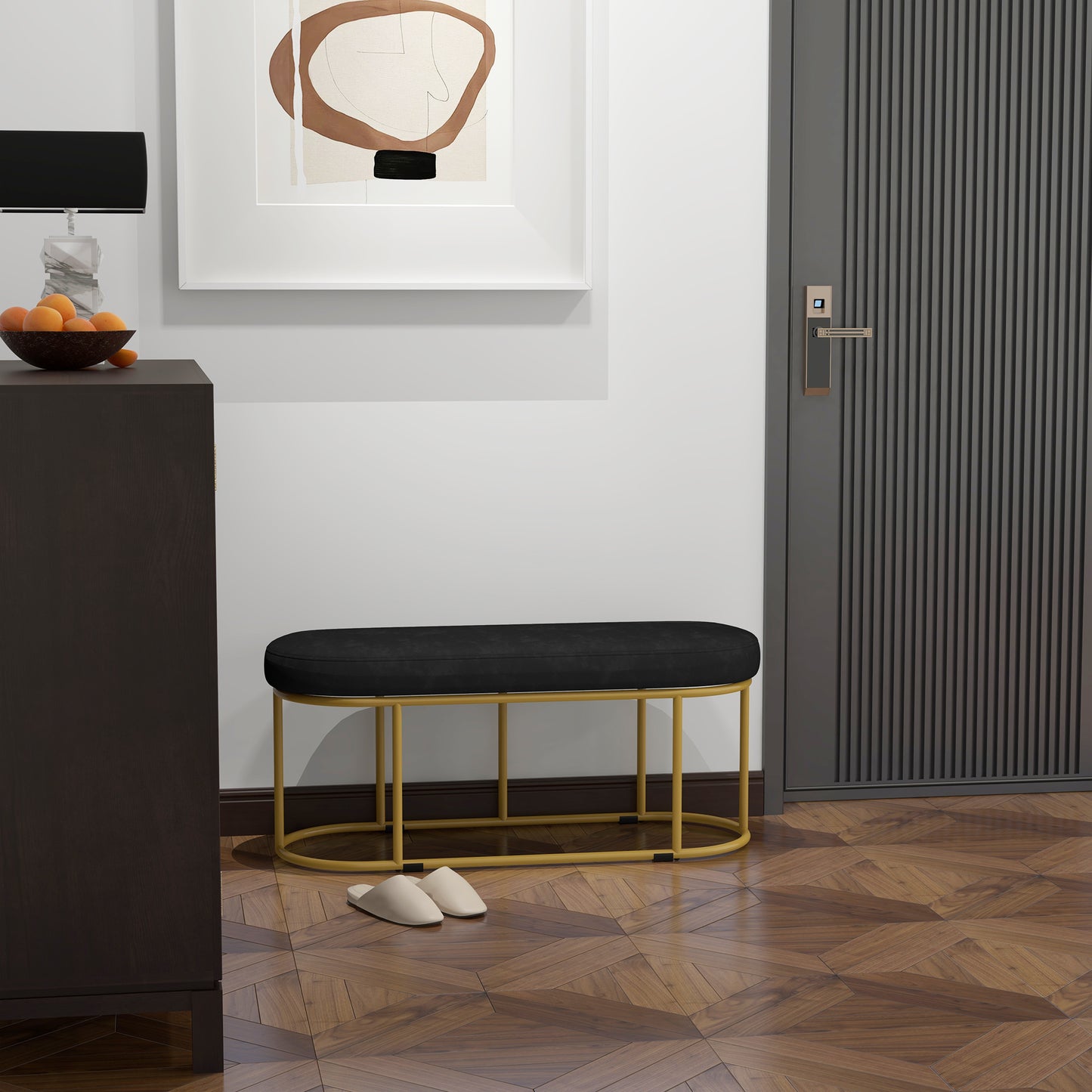 HOMCOM Schuhbank im Retrodesign, Bettbank, Flurbank, Samtoptik, bis 200 kg, Metallrahmen, schwarz, 100 x 37 x 43cm