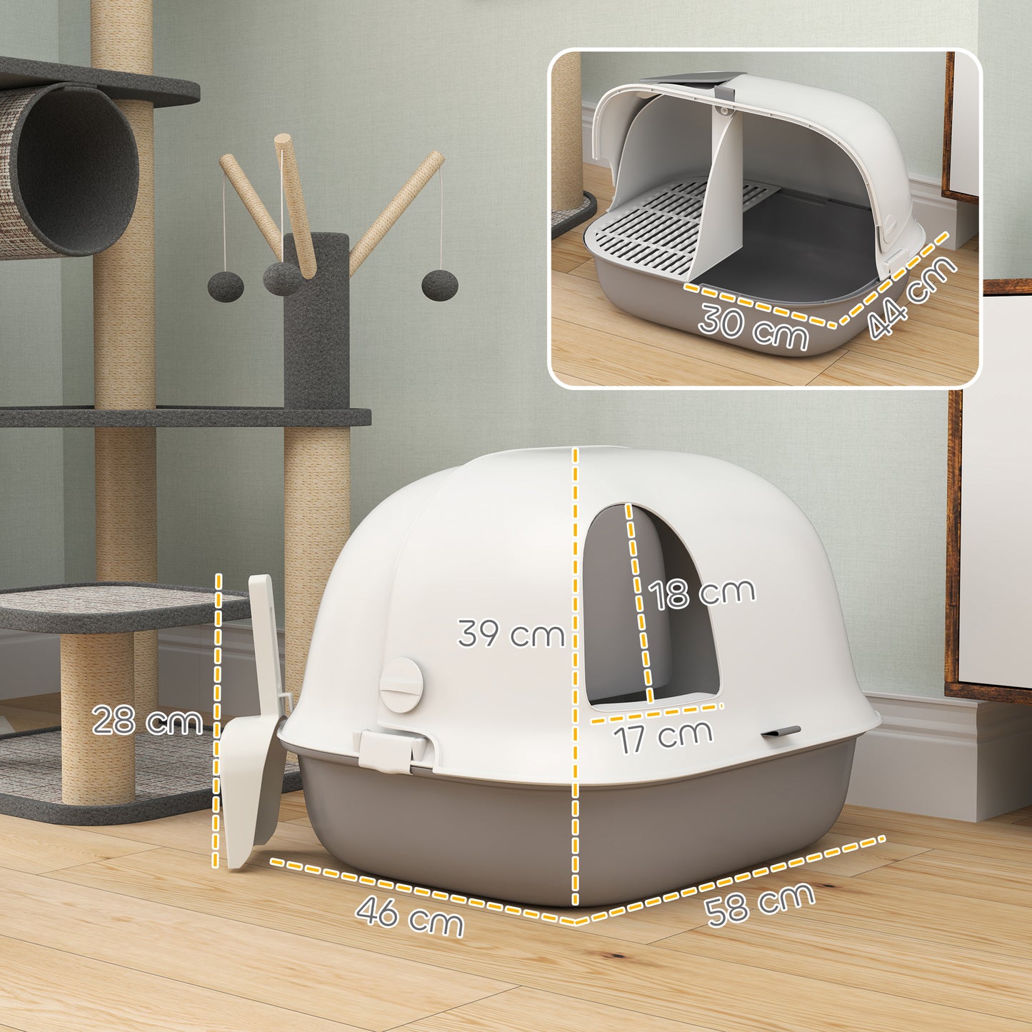 PawHut Katzentoilette mit Deckel, Katzenklo mit internem Kanal, Tür, Schaufel, leicht zu reinigen, Kunststoff, Hellgrau