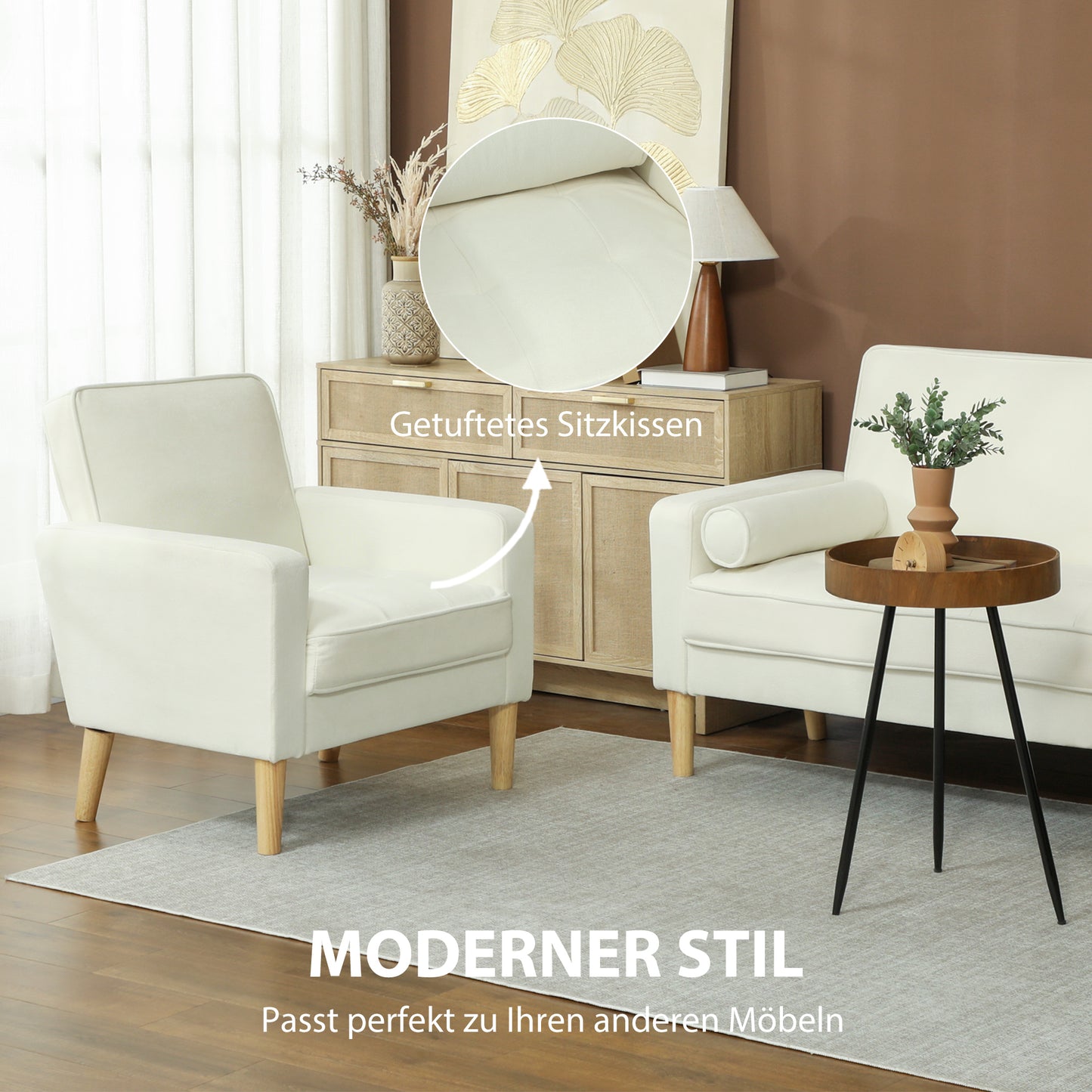 HOMCOM Polstersessel mit Armlehnen, neigbare Rückenlehne, Kautschukholzbeine, Cremeweiß