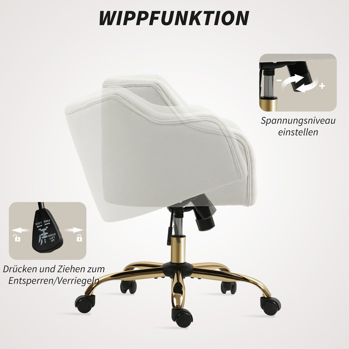 HOMCOM Gepolsterter Bürostuhl, Schreibtischstuhl in Leinenoptik, goldfarbene Beine, höhenverstellbar, Beige