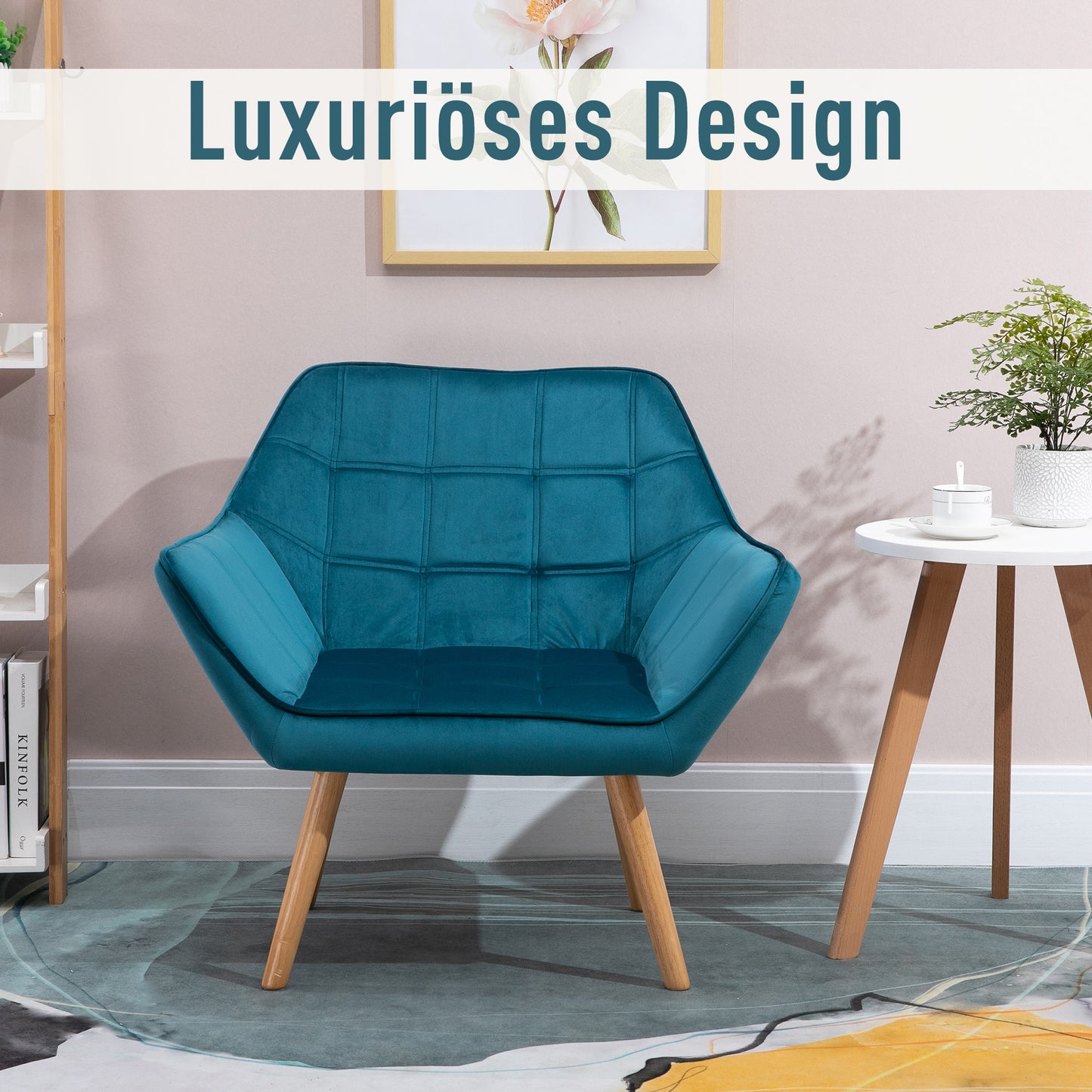 HOMCOM Sessel Wohnzimmer Ohrensessel Loungesessel Relaxsessel mit Gummiholzbeine, Lesesessel mit Samtoptik, Polstersessel für Schlafzimmer, skandinavisch, Hellblau