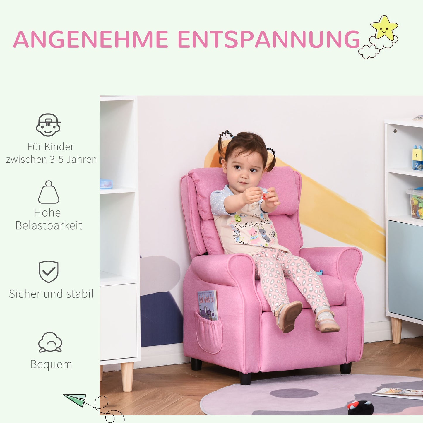 HOMCOM Kindersofa Kindercouch Kindersessel Stuhl Liegesofa verstellbar mit Fußstütze für 3-5 Jahre Jungen und Mädchen Rosa 58 x 53 x 70 cm