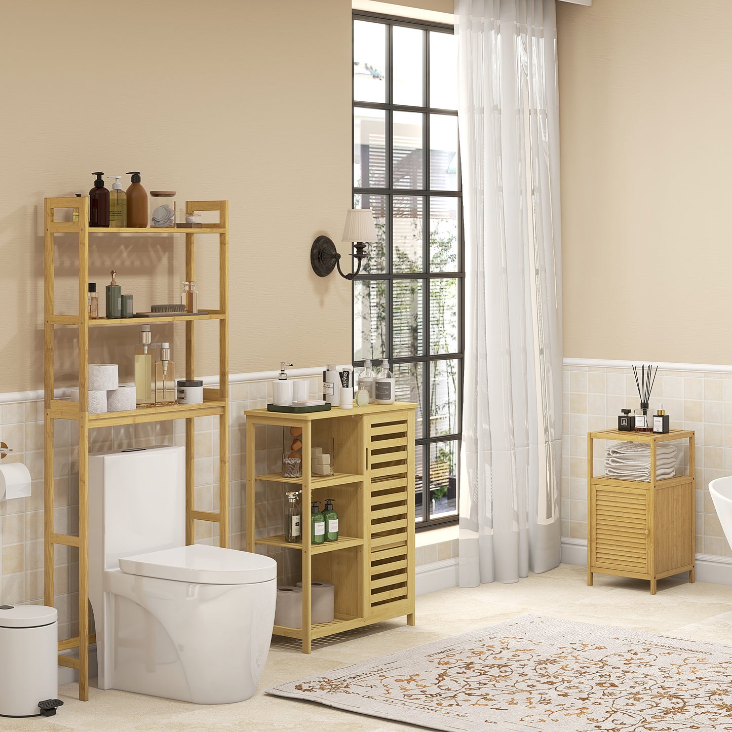 kleankin Badezimmerschrank Badregal, Bambus, 1Ablage, 1 Schrank, 33 cm x36.5 cm x67 cm, Natur