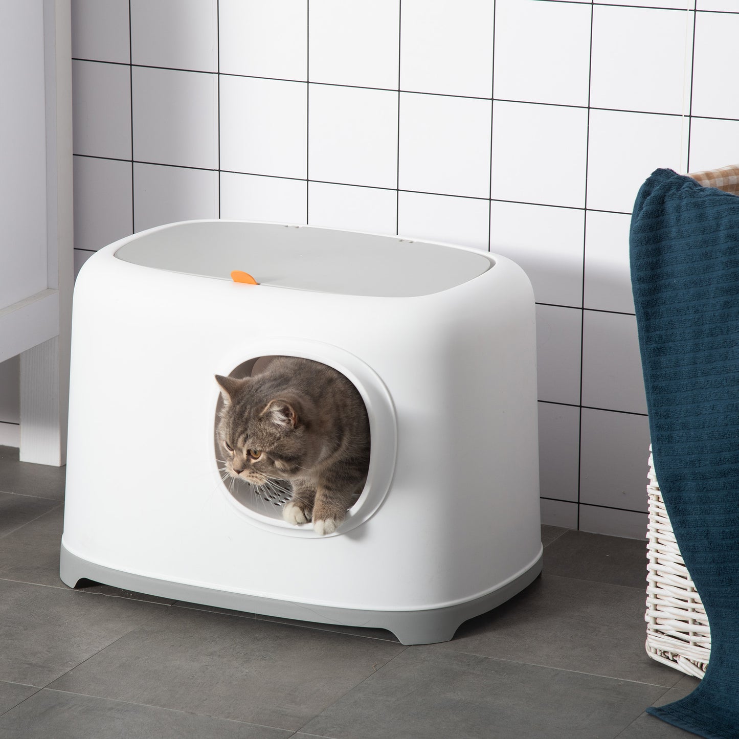 PawHut Katzenklo med Deckel Katzentoilette med Haube Schaufel Gitterboden XXL Katzentoilette för Katzen till 5 kg 55 x 40 x 39 cm Vit