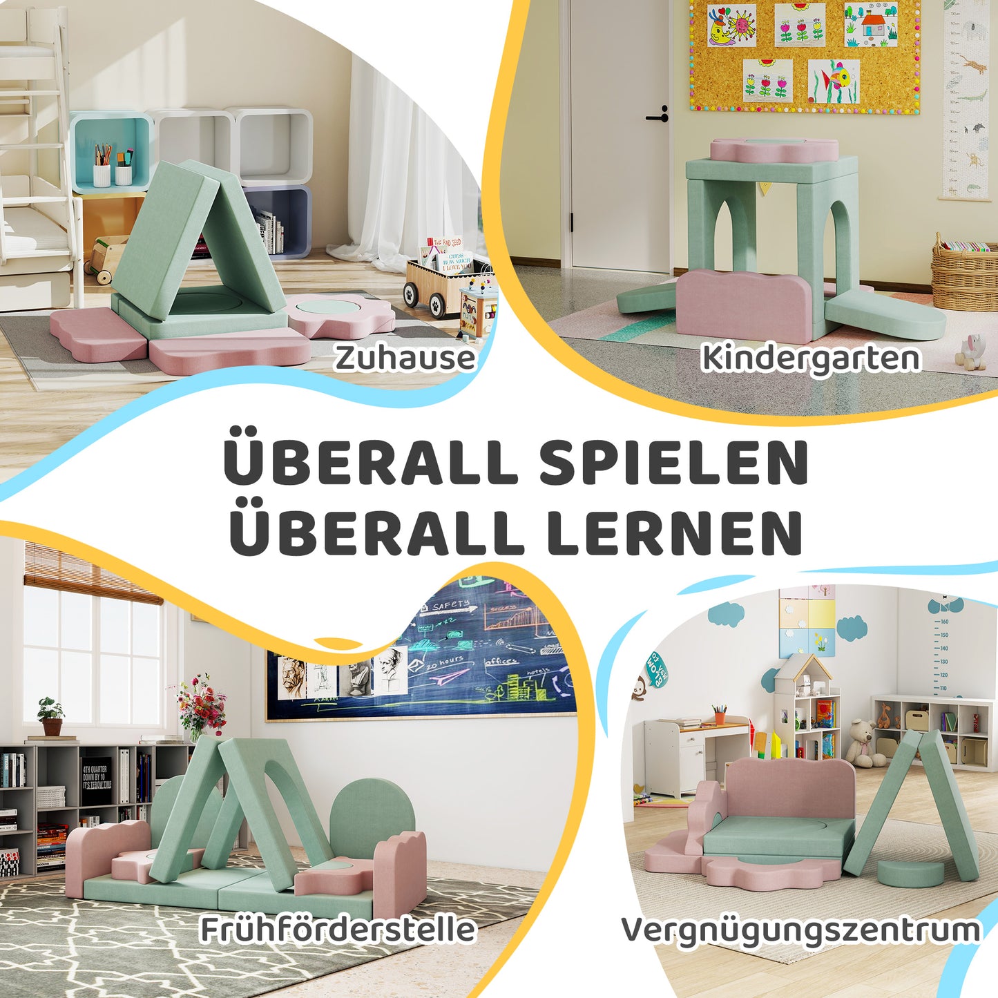 AIYAPLAY 12-teiliges Set Schaumstoffblöcke zum Klettern, Bauen, Krabbeln, Indoor-Spielmatten mit Cordbezug, Grün+Rosa