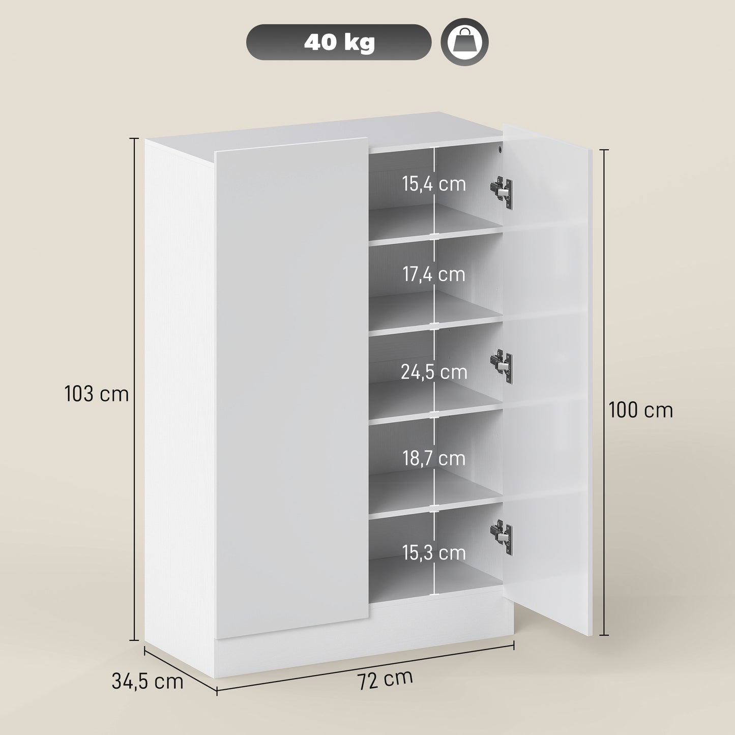 HOMCOM 5-stufiger Schuhschrank für 20 Paar Schuhe, verstellbare Regale, für Eingangsbereich, Flur, Holz, Weiß