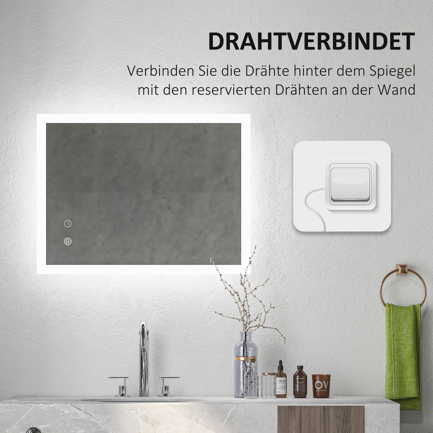 kleankin LED Badezimmerspiegel, Hintergrundbeleuchtung, Touch-Funktion, Memory-Funktion, kein Beschlagen, 80 x 60 cm