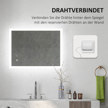 kleankin LED Badezimmerspiegel, Hintergrundbeleuchtung, Touch-Funktion, Memory-Funktion, kein Beschlagen, 80 x 60 cm