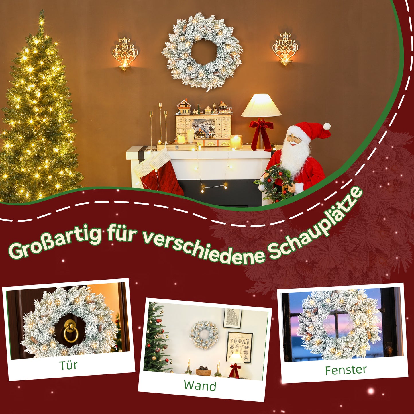 HOMCOM Tannenkranz Weihnachtskranz mit LED-Lichterkette, Tannenzapfen, Türkranz Grün+Weiß, Ø60 x 8 cm