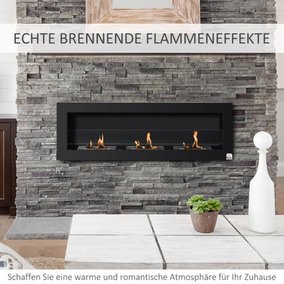 HOMCOM Ethanol-Kamin Bio-Ethanol-Brenner 3 Brennboxen 1L 3 Std. Brenndauer 2000W kein Rauch wandmontiert Stahl gehärtetes Glas Schwarz 120 x 15 x 40 cm