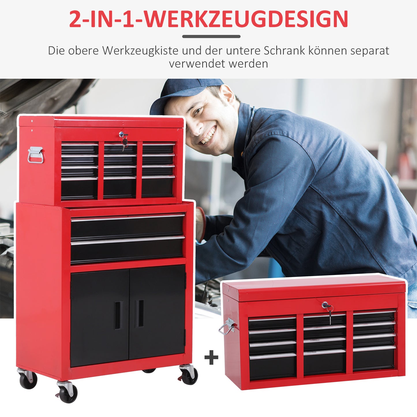 HOMCOM Werkzeugschrank mit Werkzeugkiste, rollbar, 6 Schubladen, Metall, Rot