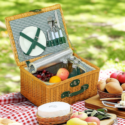 Outsunny Picknickkorb från Weidenholz Picknickkoffer för 2 Personen mit Isoliert Kühlfach Besteck Set Hellbraun