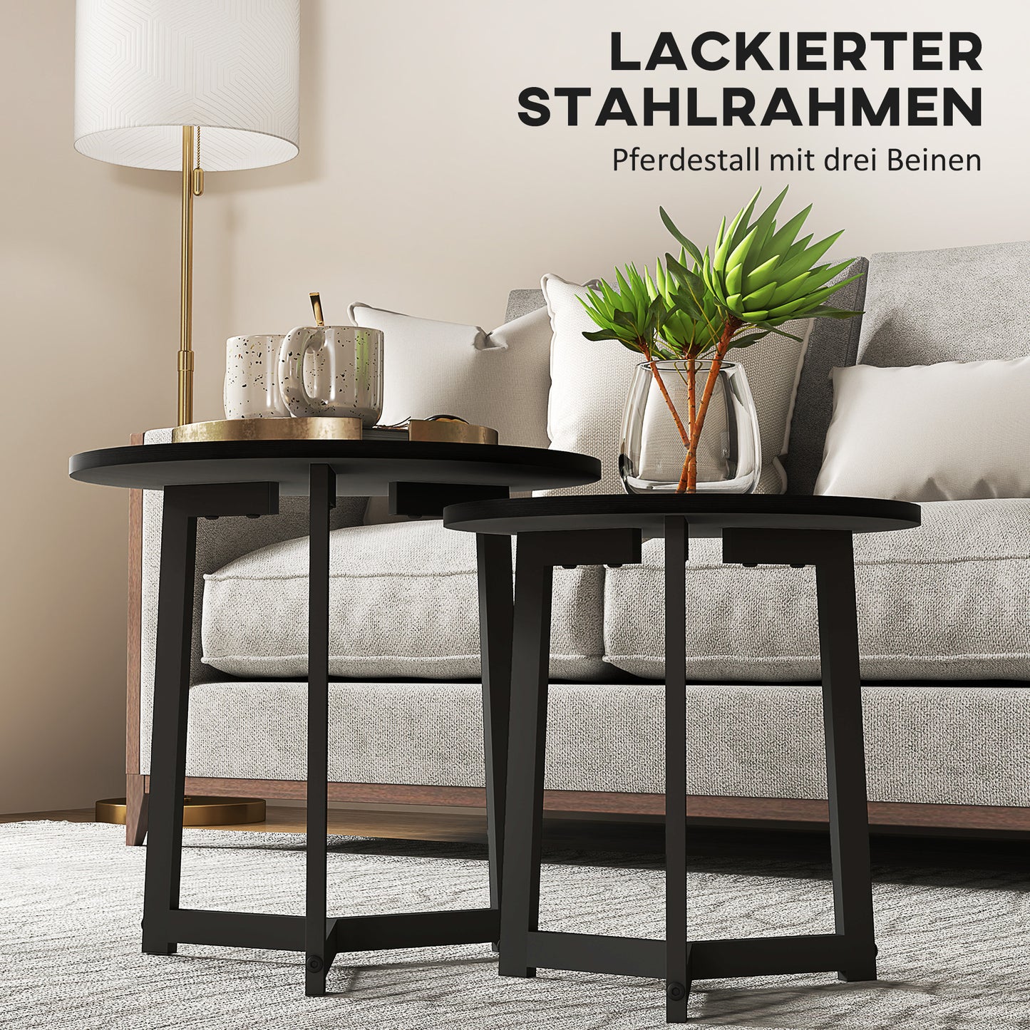 HOMCOM Moderner Couchtisch als 2er-Set, Metallrahmen, MDF, Rundes Design, ineinander verschiebbar, Schwarz