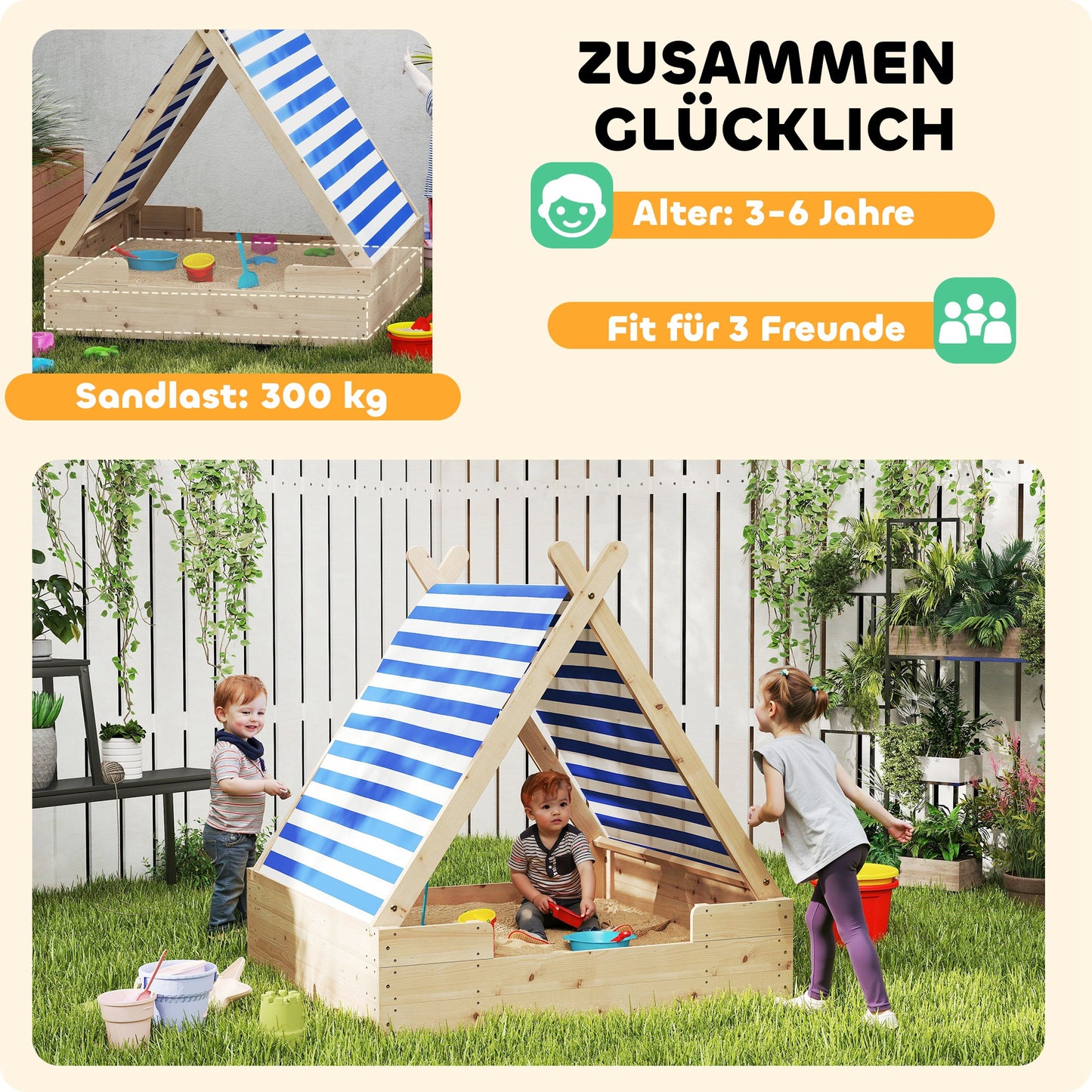 AIYAPLAY Sandkiste für Kinder, Sandkasten mit wetterfestem Zeltdach, für 3 Kinder im Alter von 3-6 Jahren, 120 x 120 x 126,5 cm