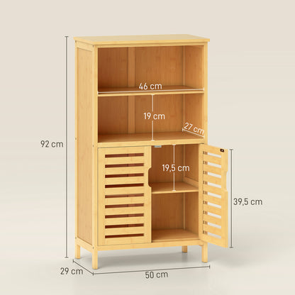 kleankin Badezimmerschrank aus Bambus, mit Lamellentüren, 2 Regale, 1 Schrank, 50 cm x 29 cm x 92 cm, Natur