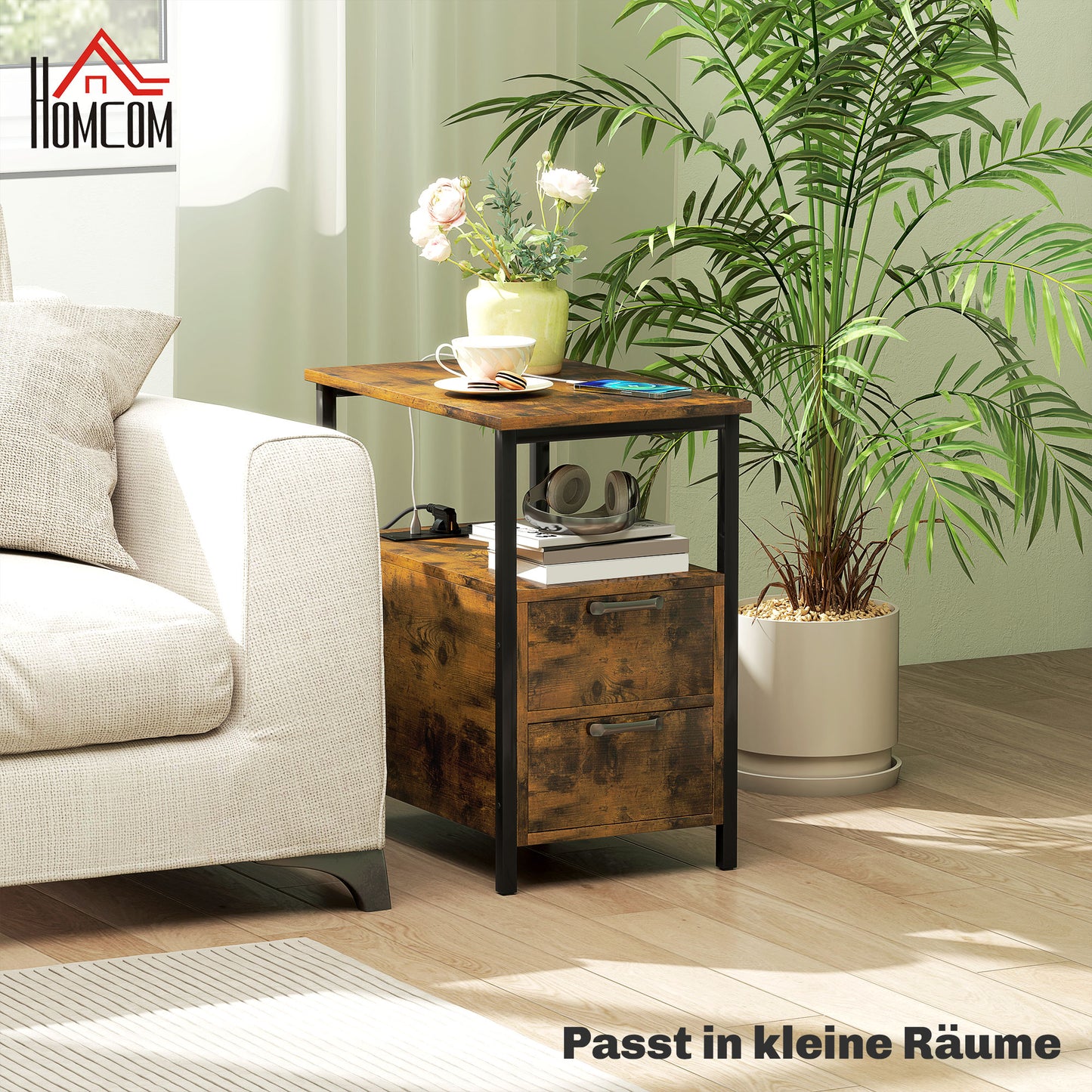 HOMCOM Beistelltisch mit Aufladestation, USB-Anschlüssen, Steckdosen, 2 Schubladen und Regal für Wohnzimmer, Schlafzimmer