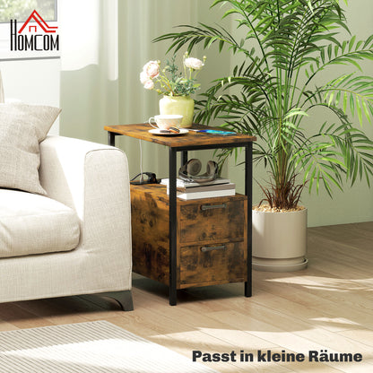 HOMCOM Beistelltisch mit Aufladestation, USB-Anschlüssen, Steckdosen, 2 Schubladen und Regal für Wohnzimmer, Schlafzimmer