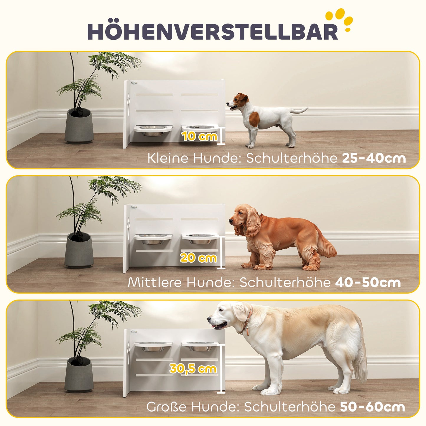 PawHut Hundefutternapf-Gestell, verstellbar Futternäpfe med separat design, 2 Edelstahlschüsseln, Anti-Schling-Matte, Weiß