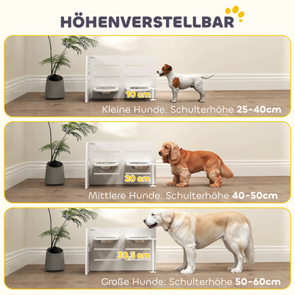 PawHut Hundefutternapf-Gestell, verstellbar Futternäpfe med separat design, 2 Edelstahlschüsseln, Anti-Schling-Matte, Weiß