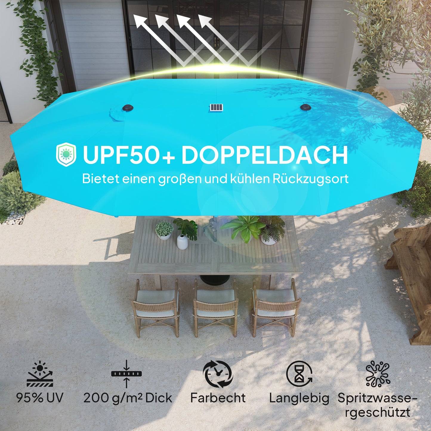 Outsunny Doppelschirm mit Solar-Lichtern, Aluminium, Polyester, UPF50+ Schutz, UV-beständig, Terrassenschirm, Blau