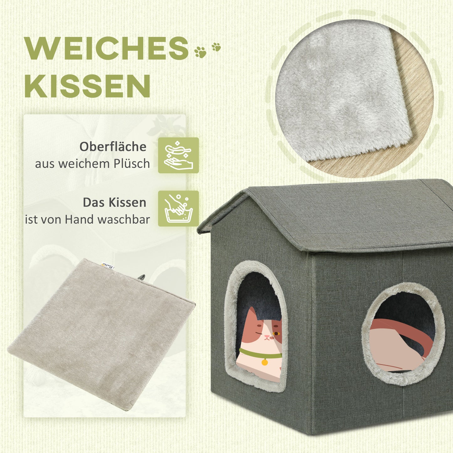 PawHut Katzenhöhle mit Kissen, Katzenbett, Haustier-Reisebett, waschbares Kissen, Khaki/Grün