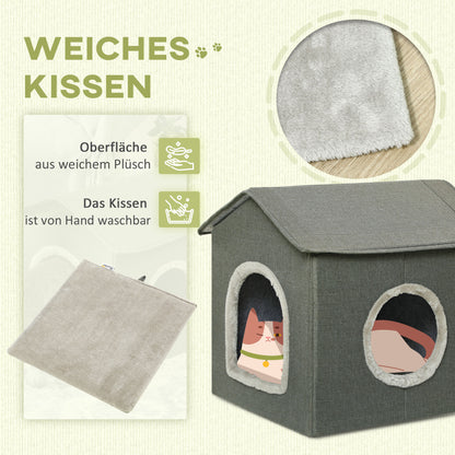 PawHut Katzenhöhle mit Kissen, Katzenbett, Haustier-Reisebett, waschbares Kissen, Khaki/Grün
